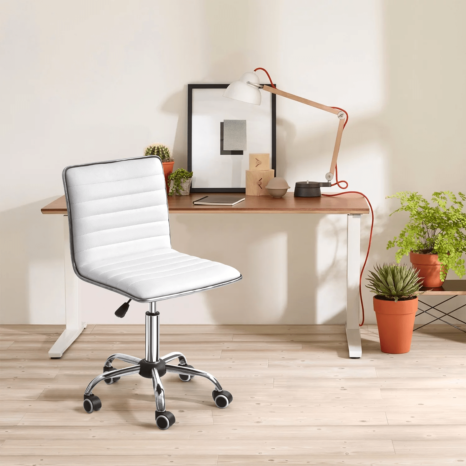 

Office Desk Chair, Adjustable Task Chair, Low Back Faux Leather Ribbed Swivel Chair, Armless Home Computer Chair Retro With Wheels, Vanity Chair