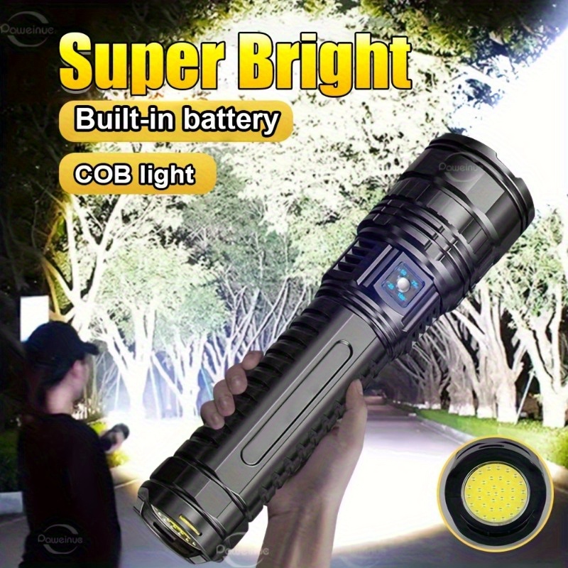 

1pc Ultimate Super Bright Led Flashlight - Rechargeable With High Capacity Battery, Long Range Spotlight & Emergency Cob Light - Rugged, Rapid-charging, Perfect For Outdoor Adventures & Emergencies
