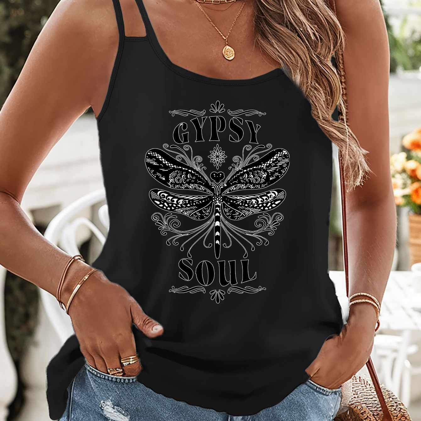 

Print Double Straps Top, Casual Sleeveless Cami Top For Summer, Women's Clothing