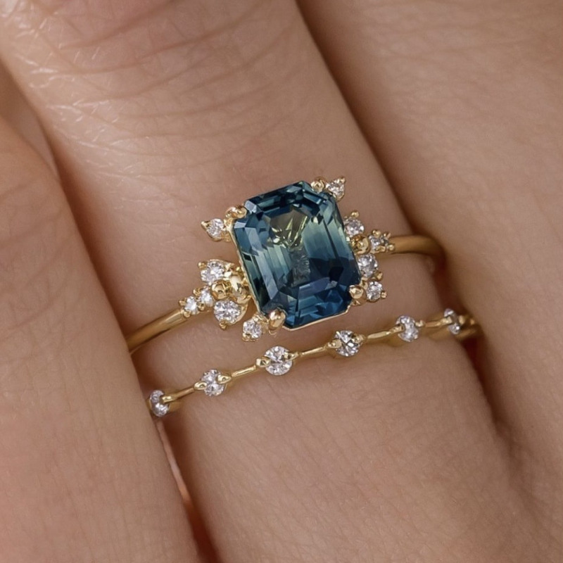 

Elegant Stacking Ring Set, 2pcs, Rectangular Blue Topaz Engagement Ring With Cubic Zirconia Accents, Trendy Female Gift