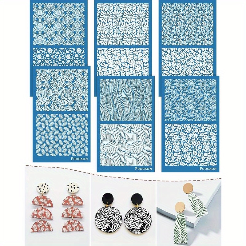 6pcs Botanical Clay , Plant Stencils For Polymer Clay Jewelry Making, Combination Design For 12 Patterns On 6 Stencil, Polymer Clay Tools