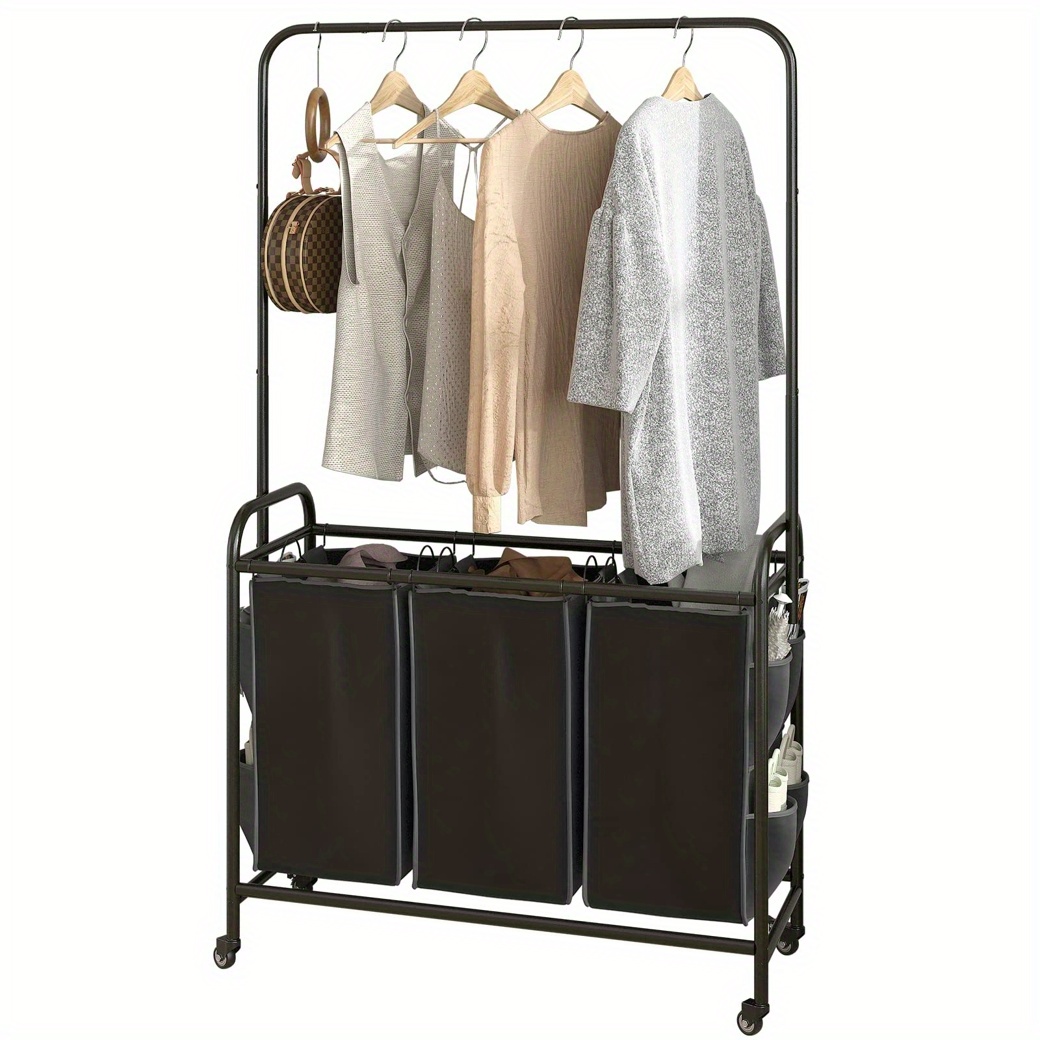 TEMU Laundry Sorter 3 Bag Laundry Hamper Cart With Clothes Hanging Bar Rolling Lockable Wheels And Removable Bags For Laundry Room Bathroom Bedroom Clothes Storage