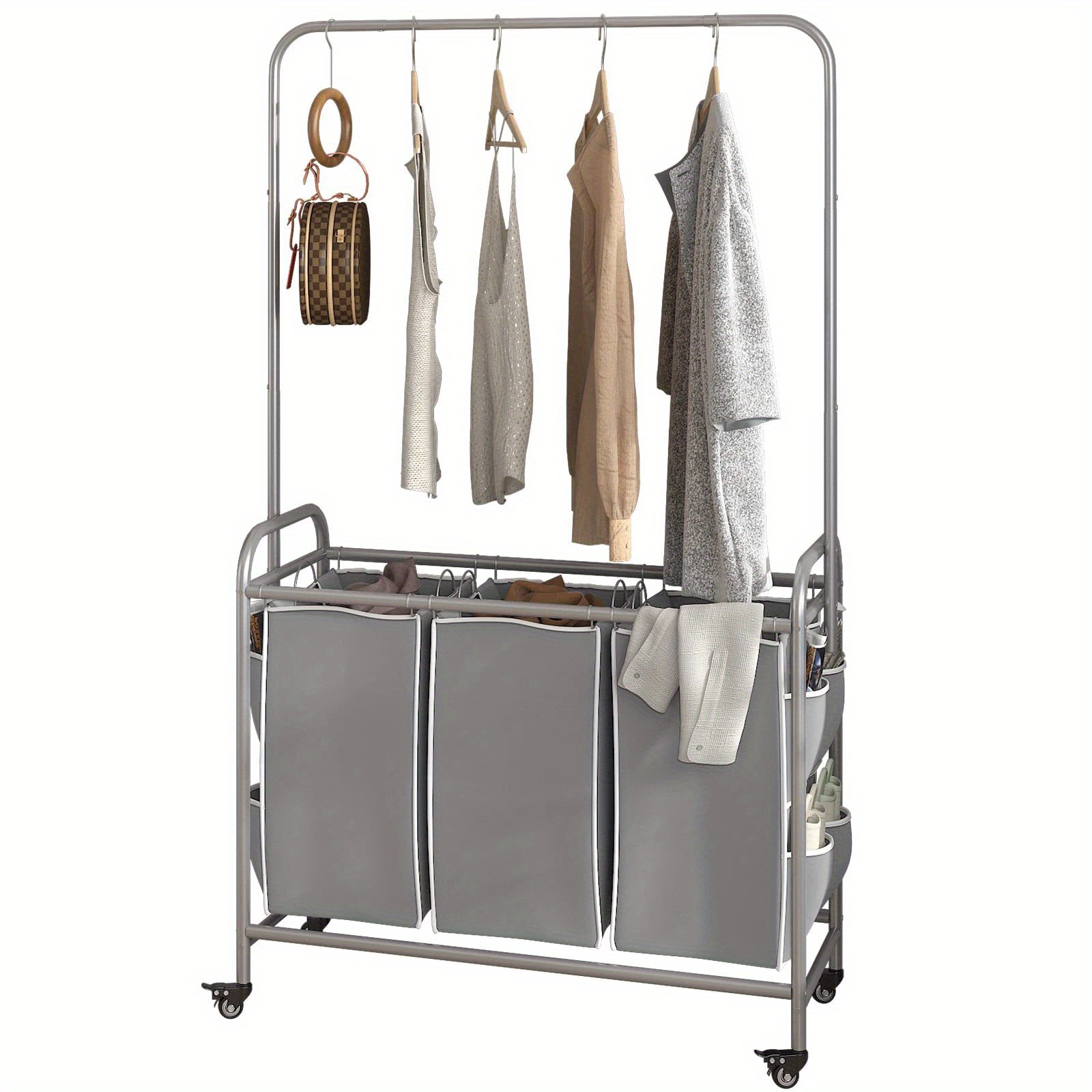 Laundry Sorter Bag Laundry Hamper Cart with Clothes Hanging Bar Rolling  Lockable Wheels and Removable Bags for Laundry Room Bathroom Bedroom Clothes