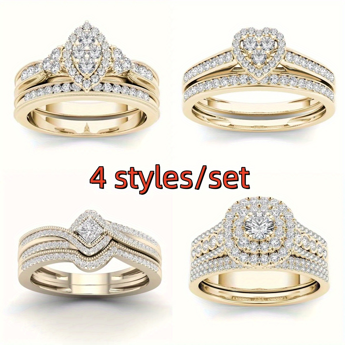 

4 Styles/set Of Fashionable Women's Jewelry With Of Synthetic Zirconia, Engagement Rings And Wedding Anniversary Gifts