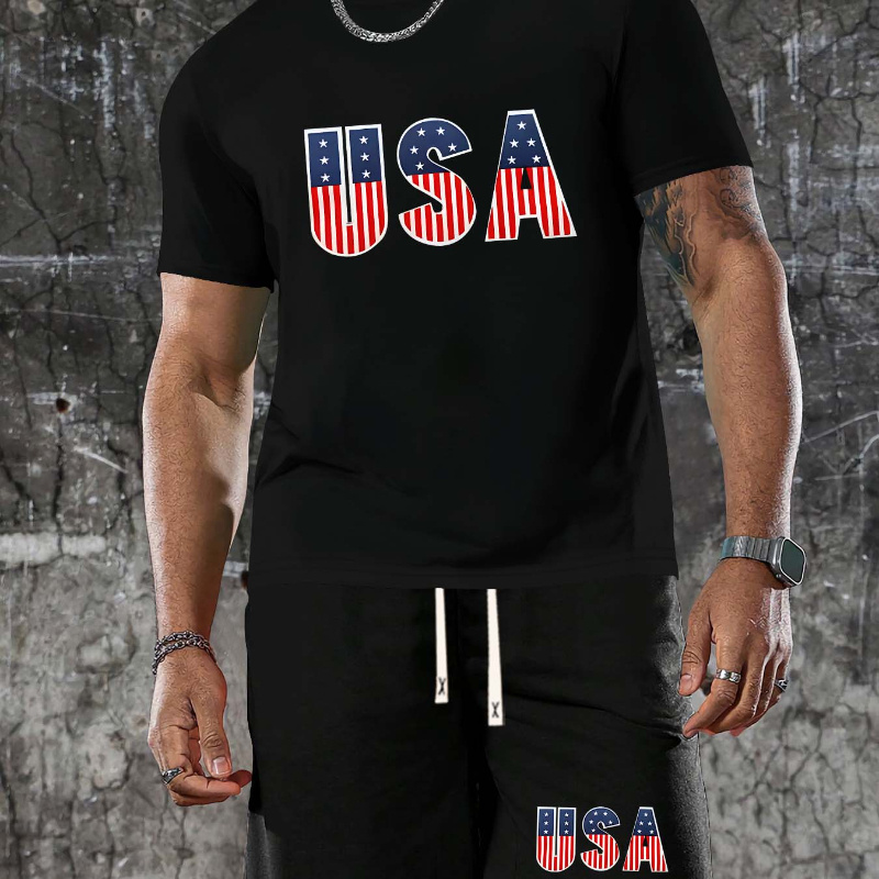 

2pcs Men's Summer Co Ord Set With " Usa "print, Casual T-shirt & Drawstring Shorts, Comfortable Sportswear Suit, Crew Neck, Short Sleeve