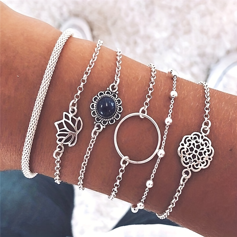 

6pcs/set Simple Hollow Lotus Leaf Round Stone Bead Chain, Bohemian Ethnic Style Bracelet