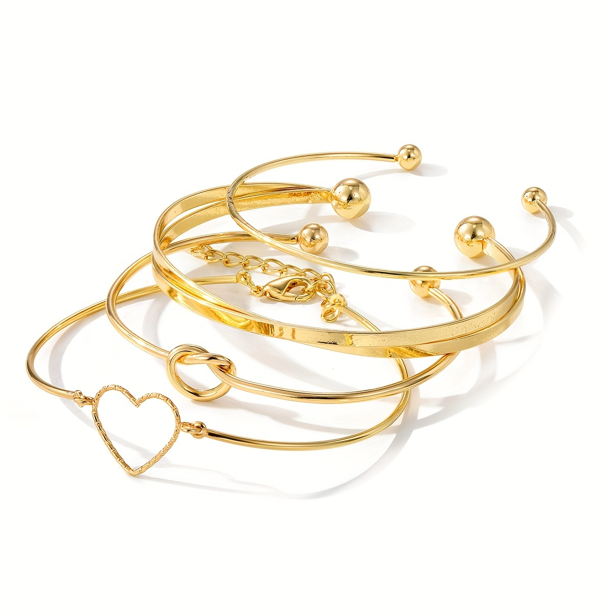 TEMU 4pcs Set Of Elegant Golden-tone Knotted & Heart Charm Cuff Bracelets - Stackable Alloy Bangles With Bead Accents, Ideal For Summer Vacations & Parties