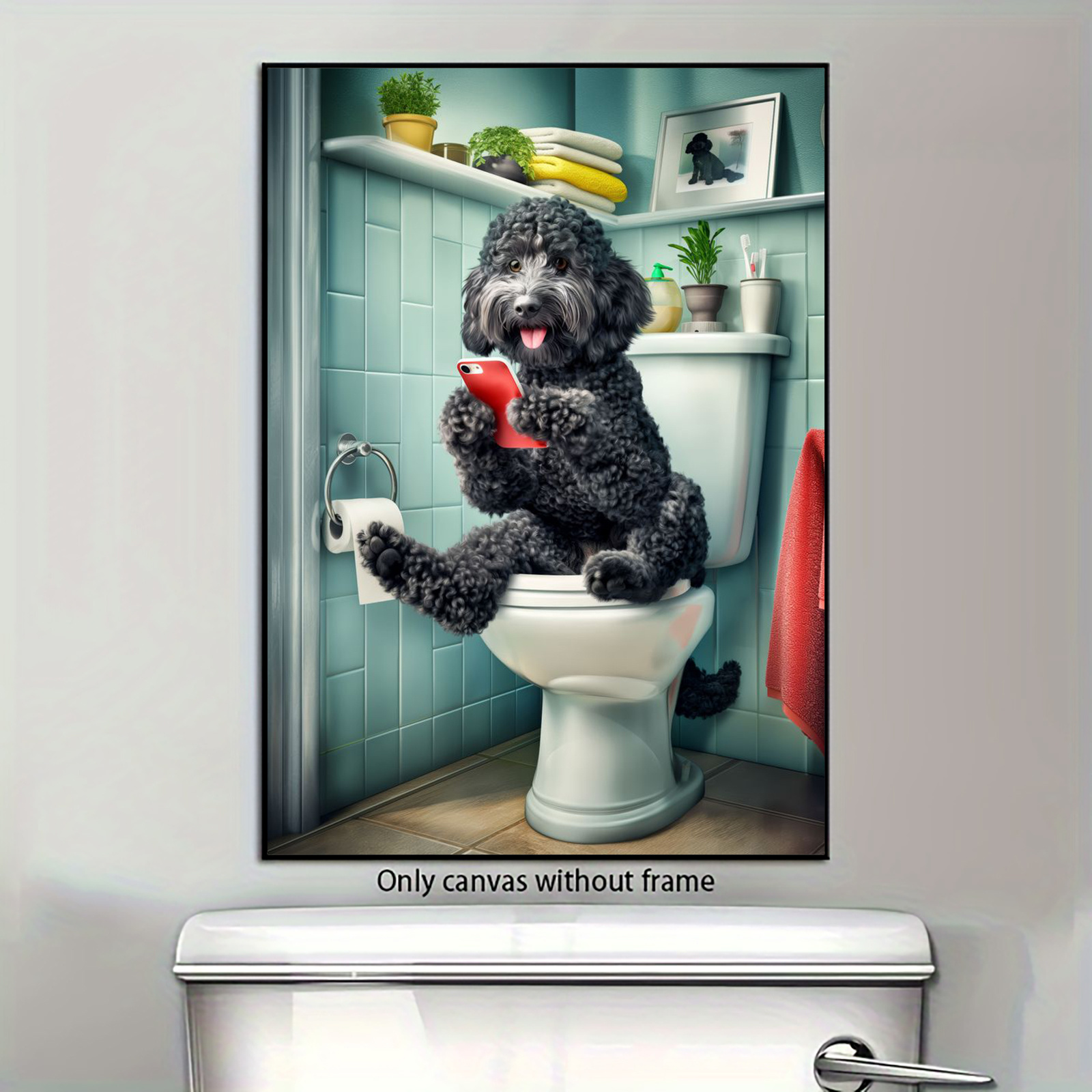 

Humorous Dog On Toilet Canvas Wall Art, Black Poodle Texting In Bathroom Decor, Frameless Poster Print, Whimsical Animal Artwork For Home, Bedroom, Kitchen, Living Room, Office - 1pc, 12x16 Inch