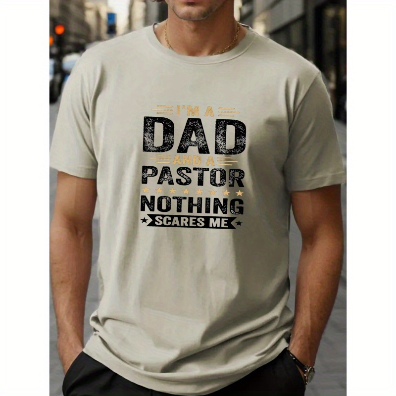 

Dad And Pastor Print Men's Plus Size Versatile Casual Short Sleeve T-shirt, Stylish Breathable Top, Big & Tall