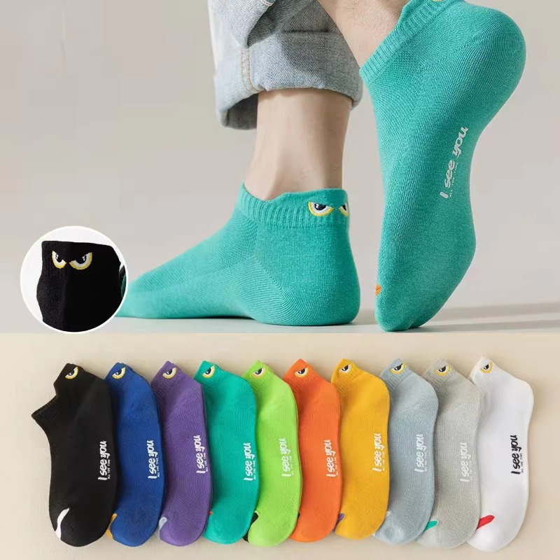 

10 Pairs Fashion Mesh Summer Cute Cartoon Eyes Embroidered Sweat Absorbent Breathable Men Low Cut Ankle Knitted Boat Socks