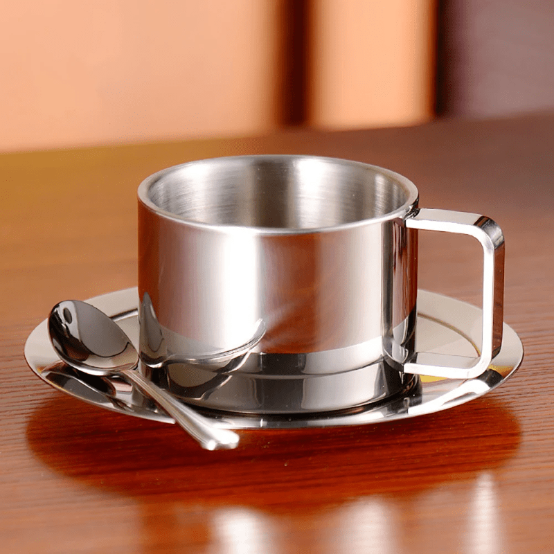 

Elegant 3pcs Stainless Set - Double-walled, Heat-resistant Mug With Saucer & Spoon - Home, Office,