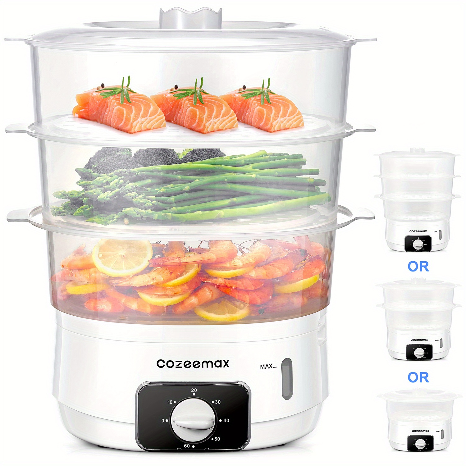 TEMU Cozeemax 3 Tier For Cooking, 13.7qt Vegetable Steamer For Fast Simultaneous Cooking, Veggie Steamer, Food Steam Cooker, 60 Minute Timer, Bpa Free Baskets, 800w(white)