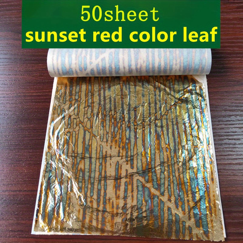 

50pcs Variegated Metal Leaf Sheets, Imitation Golden Foil For Art Crafts, Gilding, Copper Material - Sunset Red Pattern