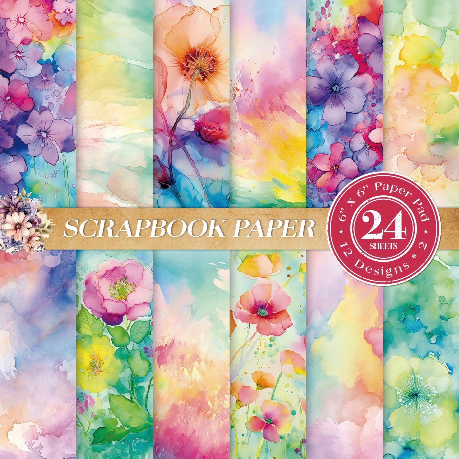 

24 Sheets Watercolor Floral Scrapbook Paper Pack, 6-inch Square Vibrant Flower Patterned Craft Paper For Journaling, Diy Cards, Album Projects, And Gift Wrapping - Major Material: Paper