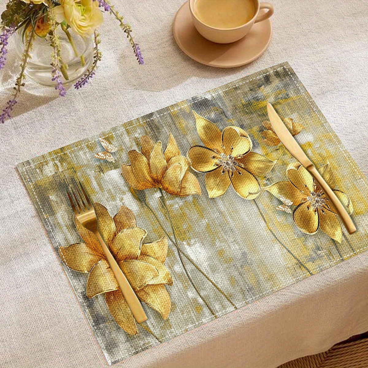 

Luxury Golden Floral Print Placemats Set Of 4, 100% Linen Woven Table Mats, Heat Resistant Square Coasters For Dining Table, Modern Elegant Design, Machine Washable - Jit