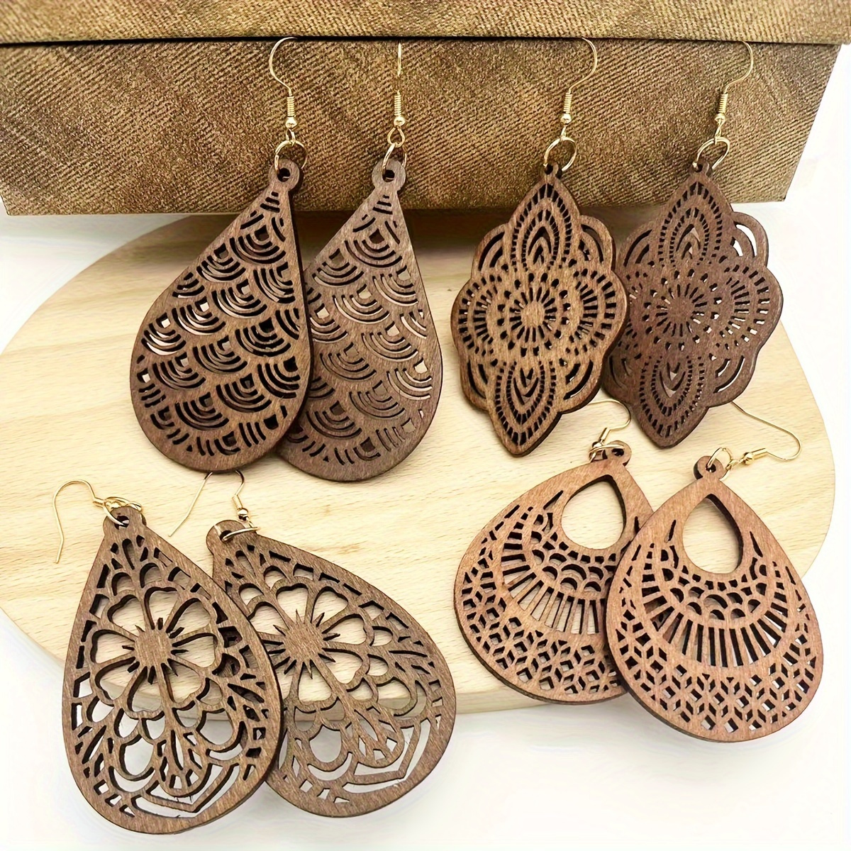 

4pairs Pattern Pendant Wooden Jewelry For Women