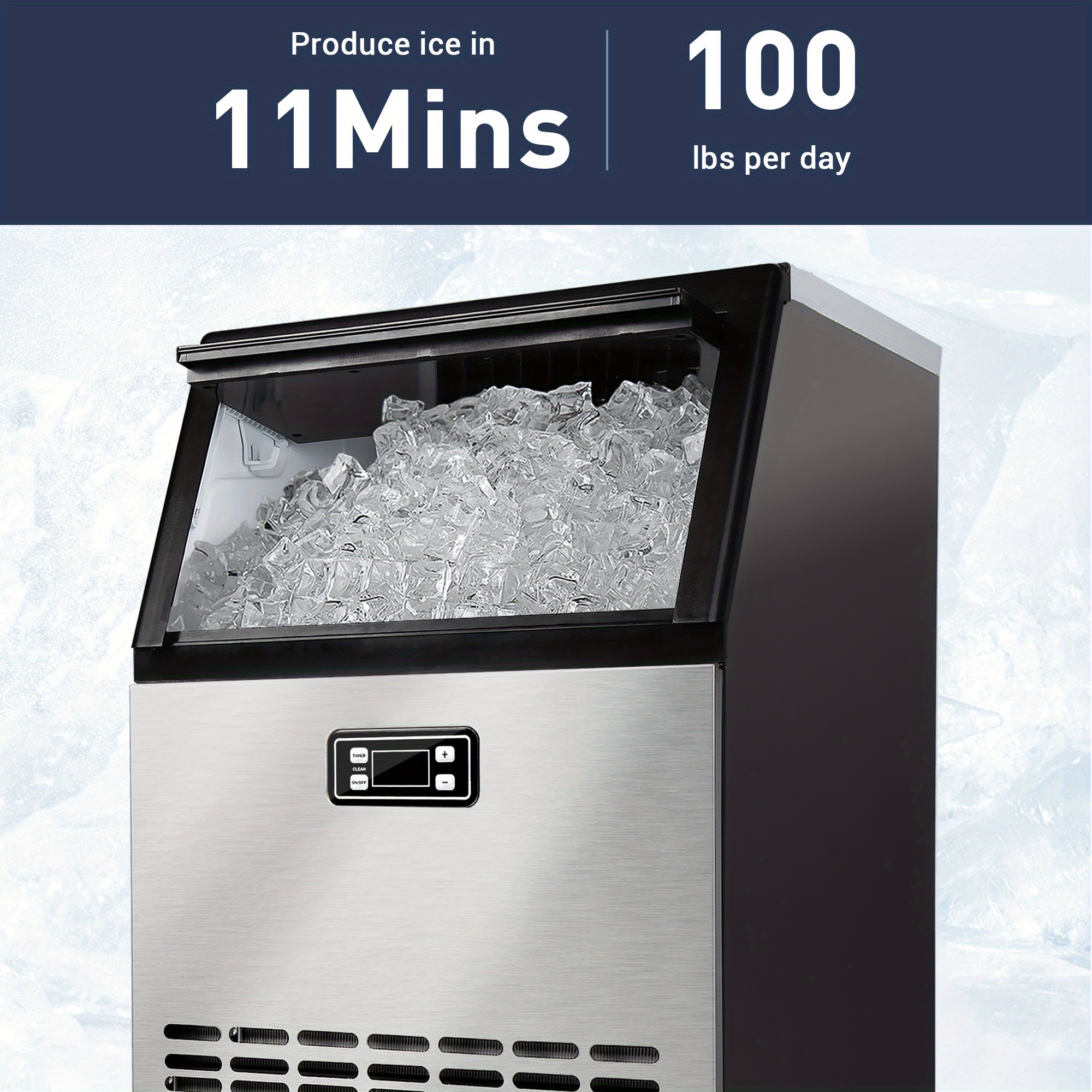 

Simzlife Commercial Ice Maker Machine, 100lbs/24h Stainless Steel, Freestanding With Under Counter Design, 33lbs Ice Storage Capacity, Panel, Includes 4 Clear Plastic Buckets