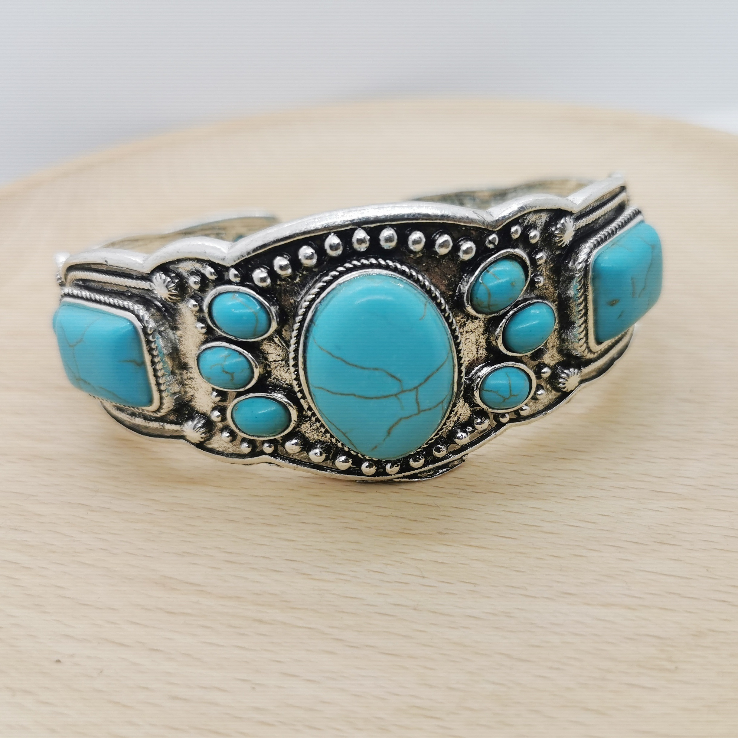 TEMU [1 Adjustable Turquoise Jewelry Gift] Bohemian Style Inlaid Turquoise Opening Adjustable Jewelry Gift 1