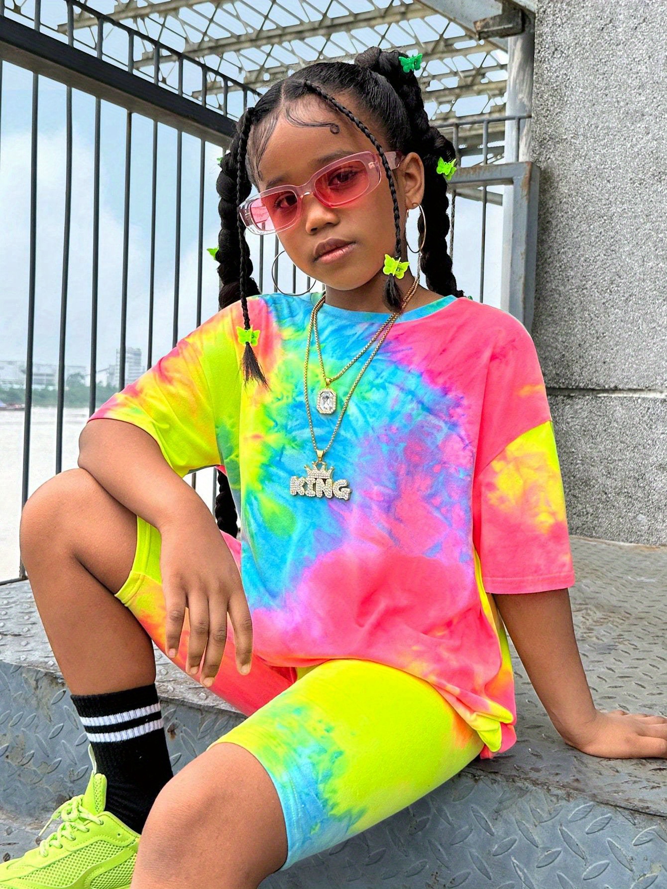 Tween Girl Vacation Leisure 2PCS Tie-dye Round Neck Short Sleeve T-Shirt And Shorts Set For Spring summer