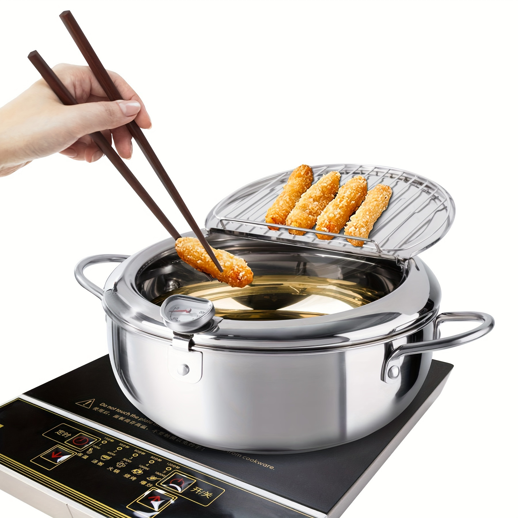 

Deep Fryer Pot Janpanese Style Tempura Frying Pot With Lid, 304 Stainless Steel With Temperature Control And Oil Drip Drainer Rack, For Kitchen French Fries, Chicken Etc