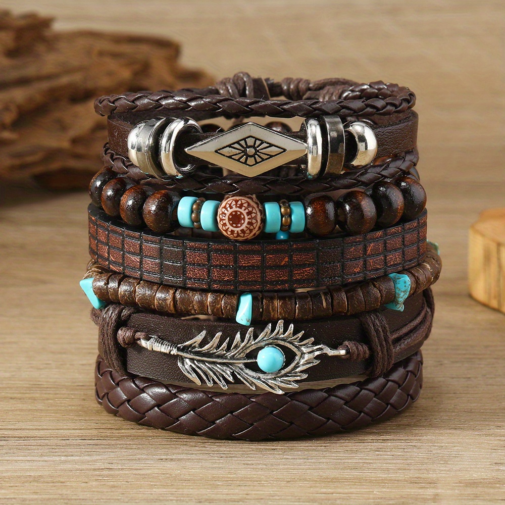 

6pcs Simple Coconut Shell Crushed Turquoise Hand Woven Pu Leather Bracelet Set, Graduation Season Gift