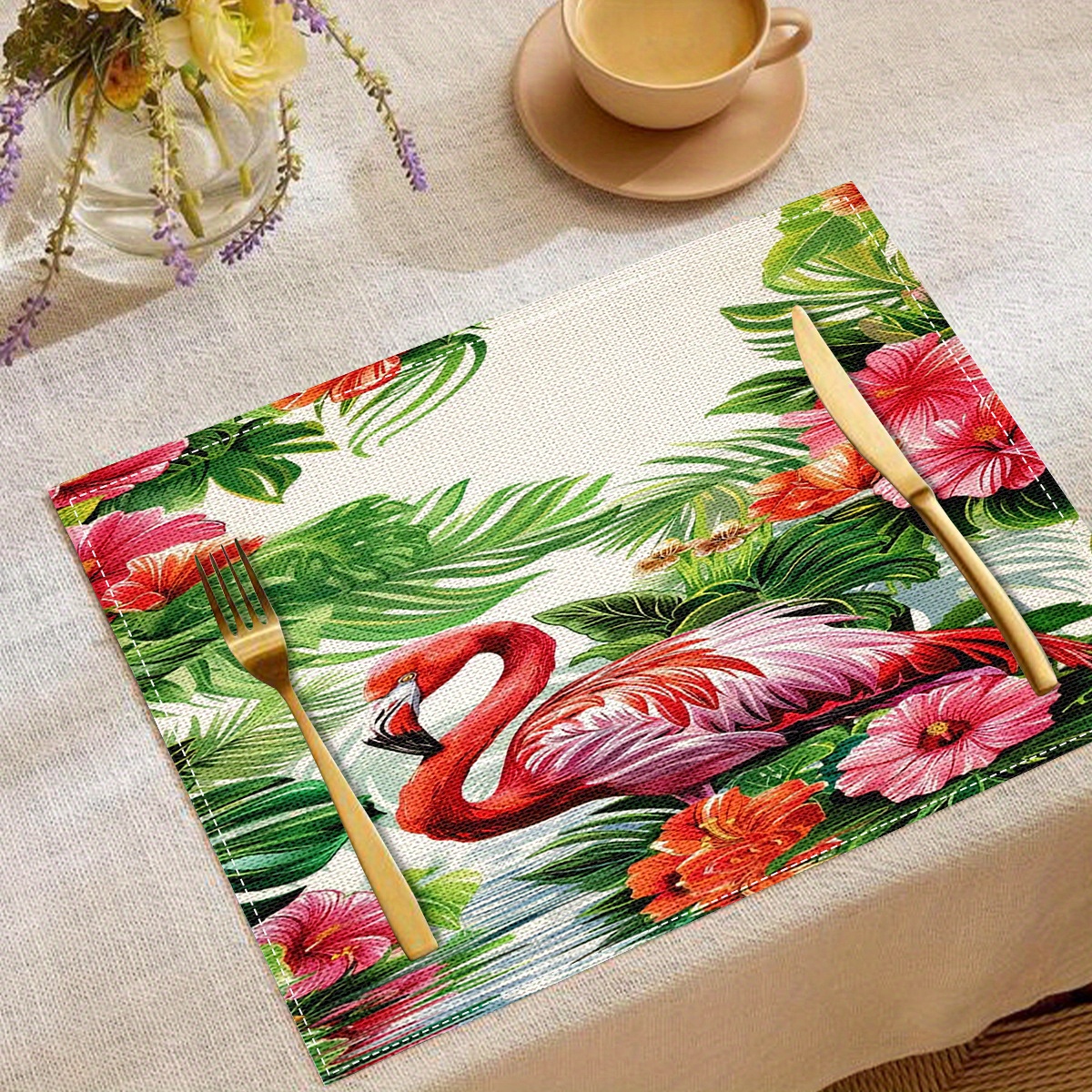 

4-piece Set Flamingo Print Placemats - Tropical Floral Design, 100% Woven Linen, Square, Heat Resistant, Machine Washable Table Mats For Dining And Kitchen
