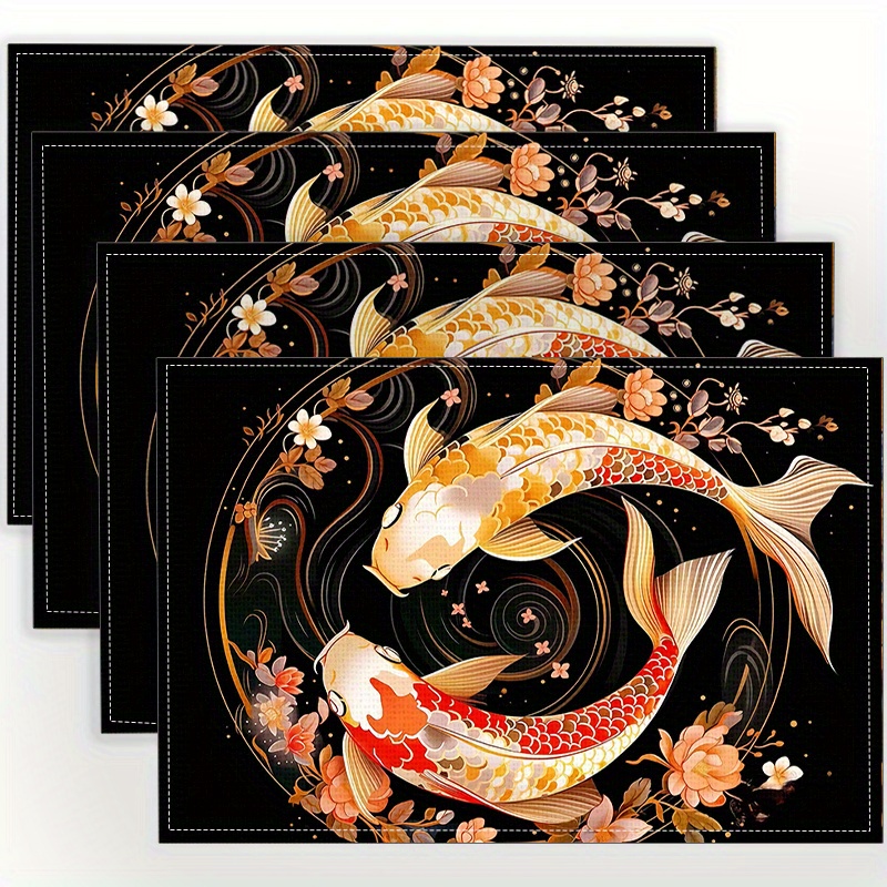 

Koi Fish Print Placemats Set Of 4 - 100% Linen Woven Table Mats, Rectangular Slip-resistant Heat-resistant Dining Mats, Ideal For Coffee Table, Dining & Home Decor, Machine Washable