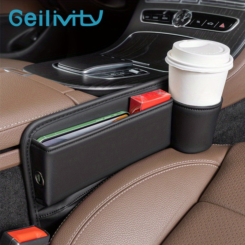 

Geilivity Pu Leather Car Seat Gap Filler With Cup Holder - Sleek Storage Organizer For Phone, Coins & Wallet - Durable Black Auto Interior Accessory