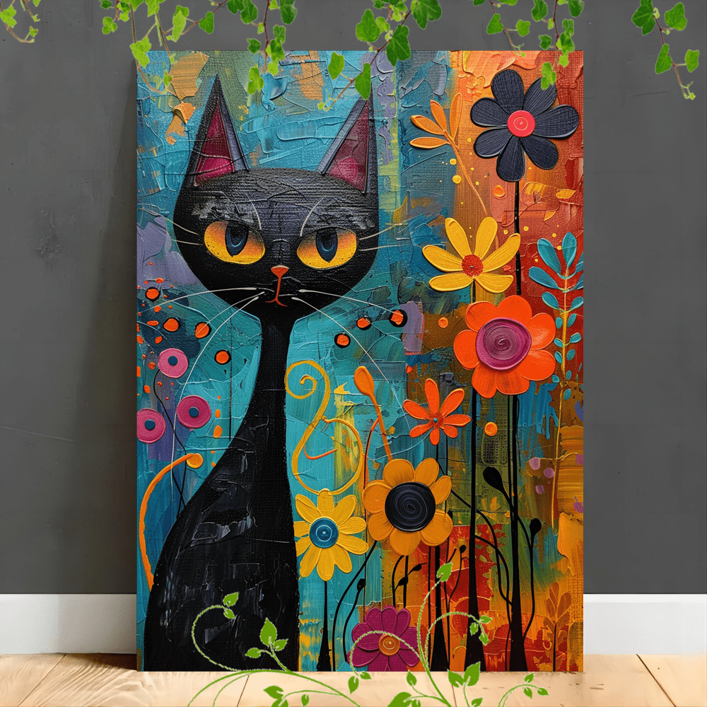 

1pc Wooden Framed Canvas Painting Colorful Cat Painting, Black Cat, Abstract Flowers, Vibrant Colors, Whimsical Style, Playful Background