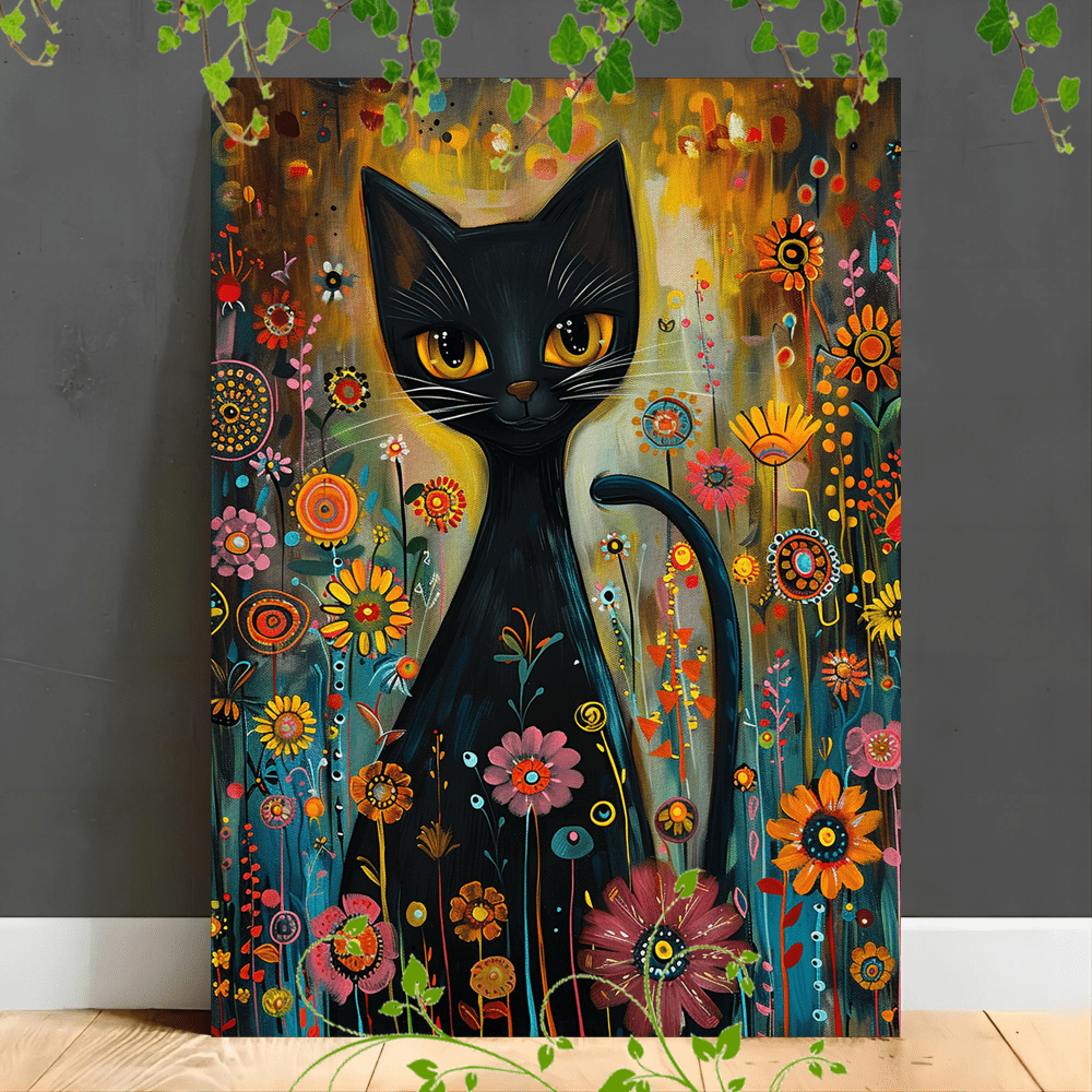 

1pc Wooden Framed Canvas Painting Colorful Cat Painting, Black Cat, Abstract Flowers, Vibrant Colors, Whimsical Style, Playful Background (1)