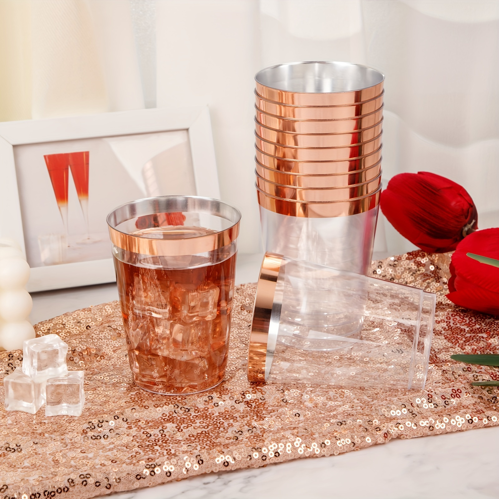 Rose Golden Rimmed Plastic Cups Elegant Disposable Wine - Temu