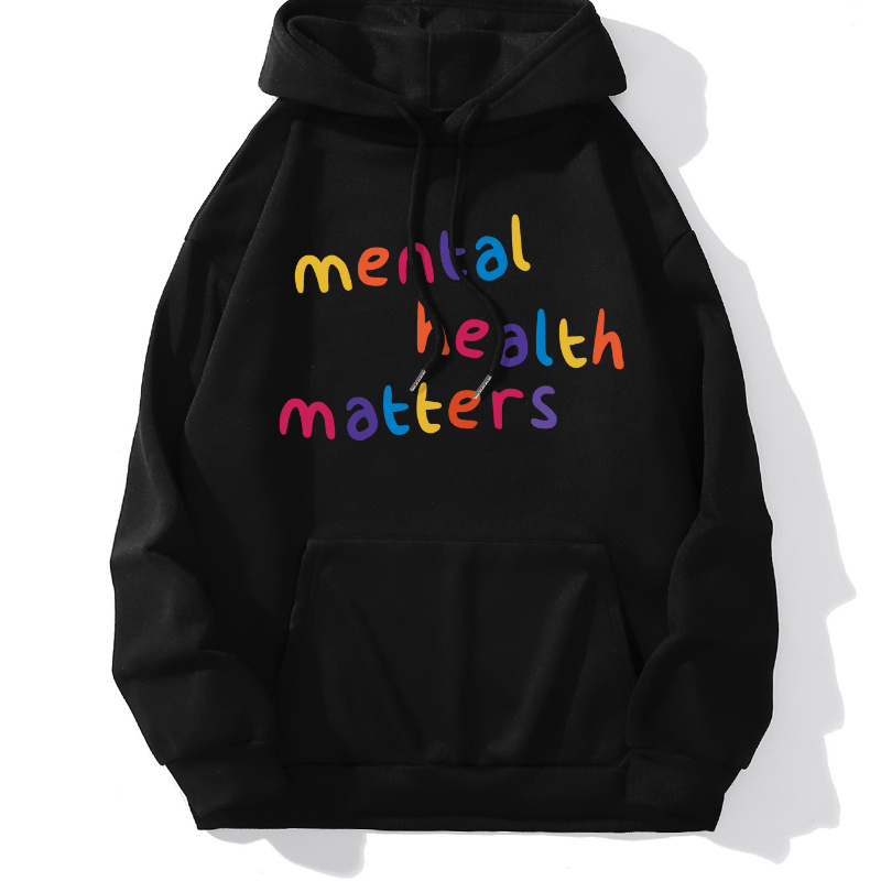 

Mental Health Print Kangaroo Pocket Hoodie, Casual Long Sleeve Drawstring Hooded Sweatshirt, Women's Clothing