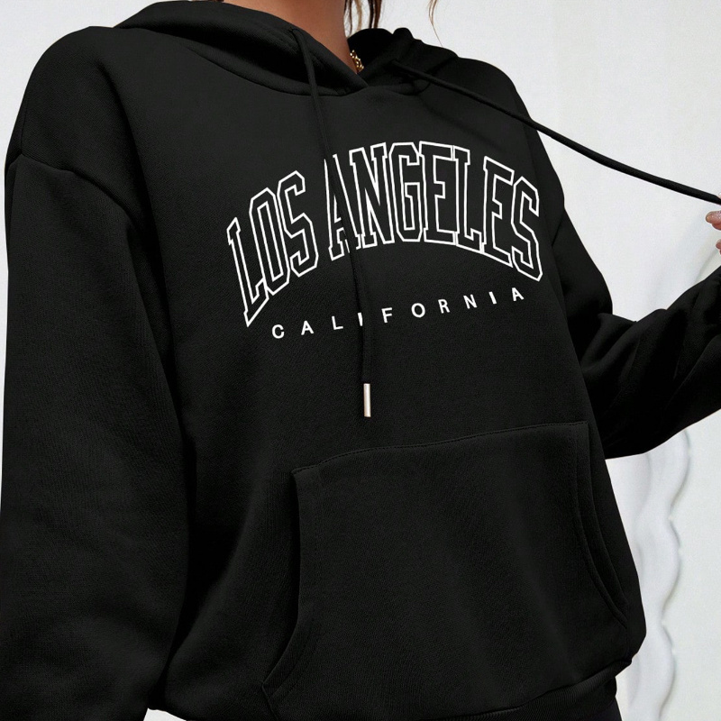 

Los Angeles Print Kangaroo Pocket Hoodie, Casual Long Sleeve Drawstring Hooded Sweatshirt, Women's Clothing