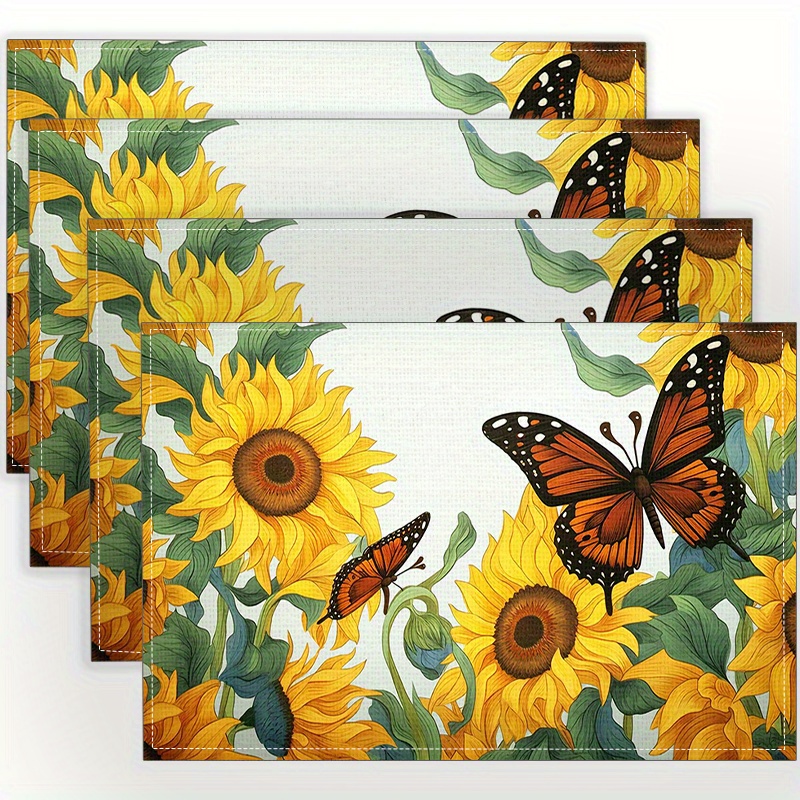 

Set Of 4 Woven Linen Place Mats – Sunflower And Butterfly Print, Non-slip Insulated Kitchen Table Mats, Machine Washable, Perfect For Dining, Parties, And Home Decor