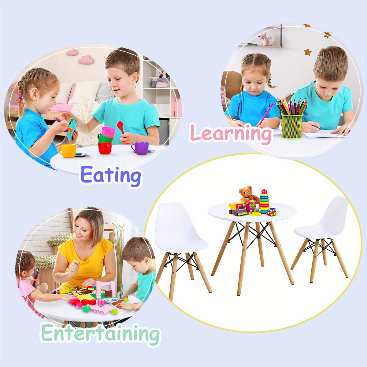 Kids Mid-Century Modern Dining Table Set Round Table with 2 Armless Chairs White