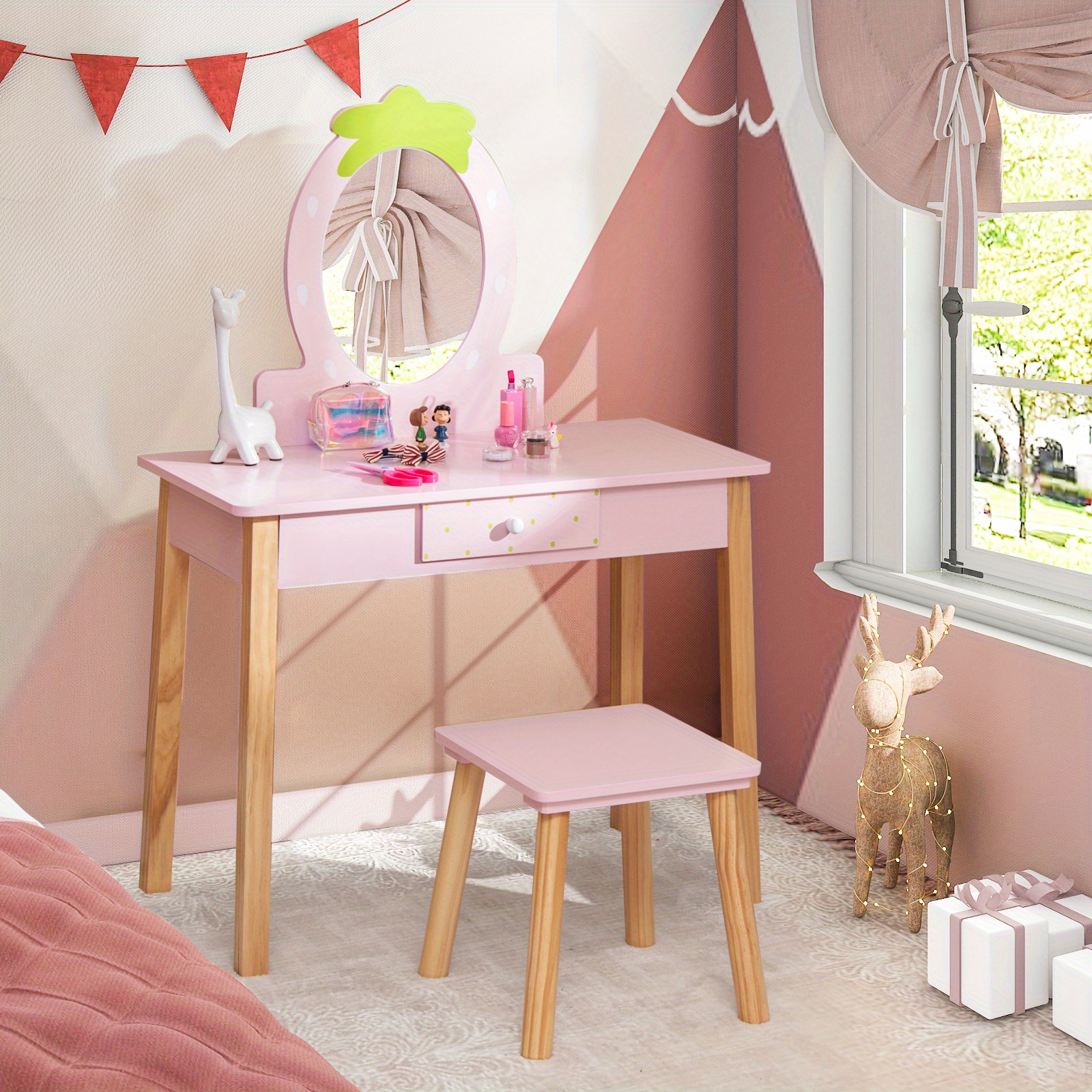 

Kid Vanity Table Stool Set With Mirror Wooden Legs Storage Drawer Pink