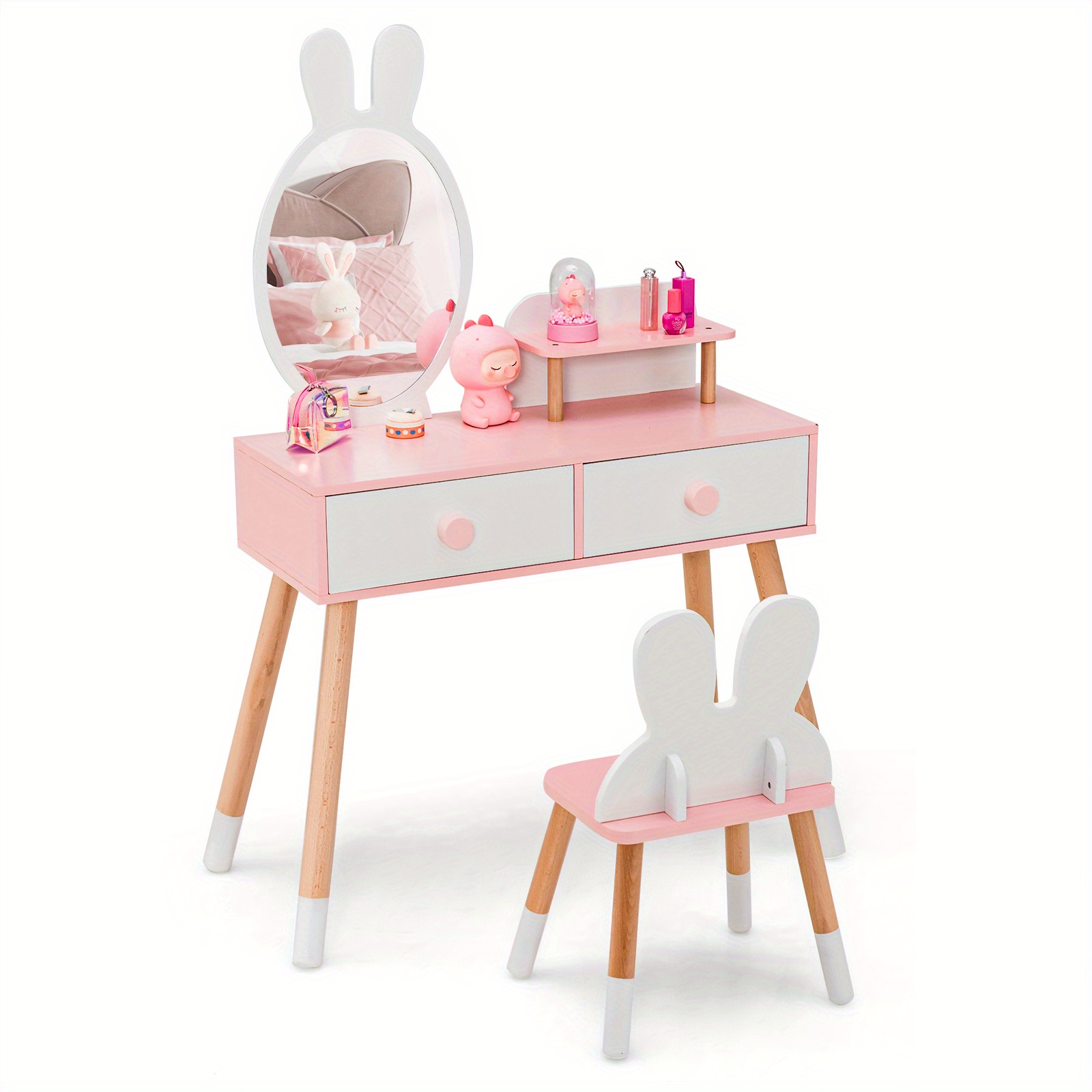 

Kid Vanity Set Makeup Table Stool With Drawer Shelf Wood Leg Rabbit Mirror White