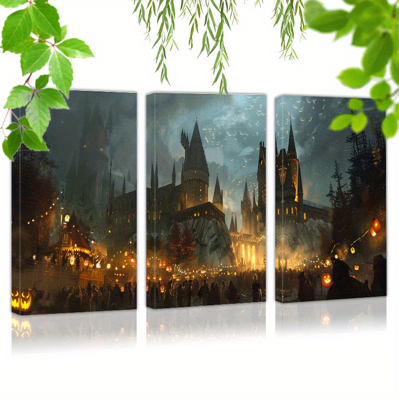

Framed Set Of 3 Canvas Wall Art Ready To Hang Gift, Hogwarts Castle At Night, Decorated For Halloween (1) Wall Art Prints Poster Wall Picrtures Decor For Home