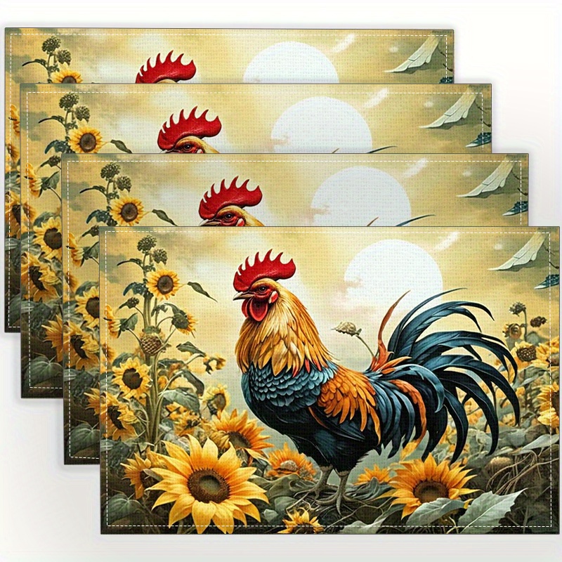 

4-piece Set Fashionable Rooster & Sunflower Print Linen Placemats - Non-slip, Heat-resistant Table Mats For Dining & Kitchen Decor - Perfect For Holidays, Parties, And Home Decoration