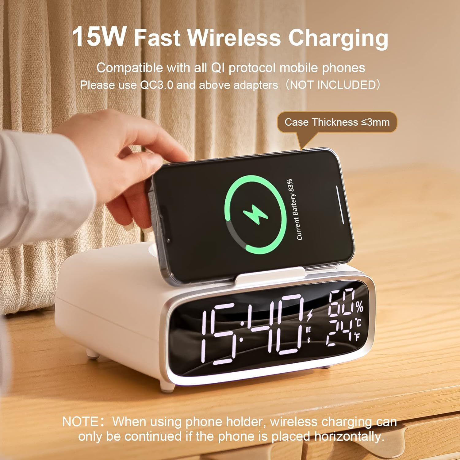 

Alarm Clock With Wireless Charging, 6-in-1 Wireless Speaker, Usb Charging Port, Night Light, 3-level Digital Clock With Temperature, 12/, Bedroom Nap Alarm Clock