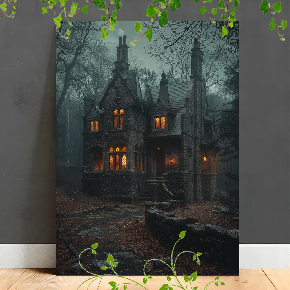 

1pc Wooden Framed Canvas Painting Haunted Mansion, Eerie Atmosphere, Dark Night, Glowing Windows, Gothic Architecture, Foggy , Trees