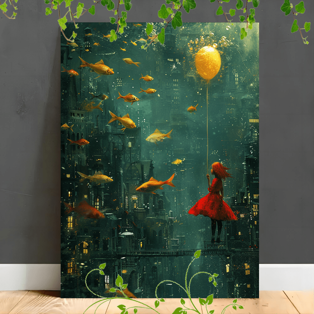 

1pc Wooden Framed Canvas Painting , Floating Fish, Whimsical Characters, Dress, Child In , Imaginative Scene, Fairytale Atmosphere