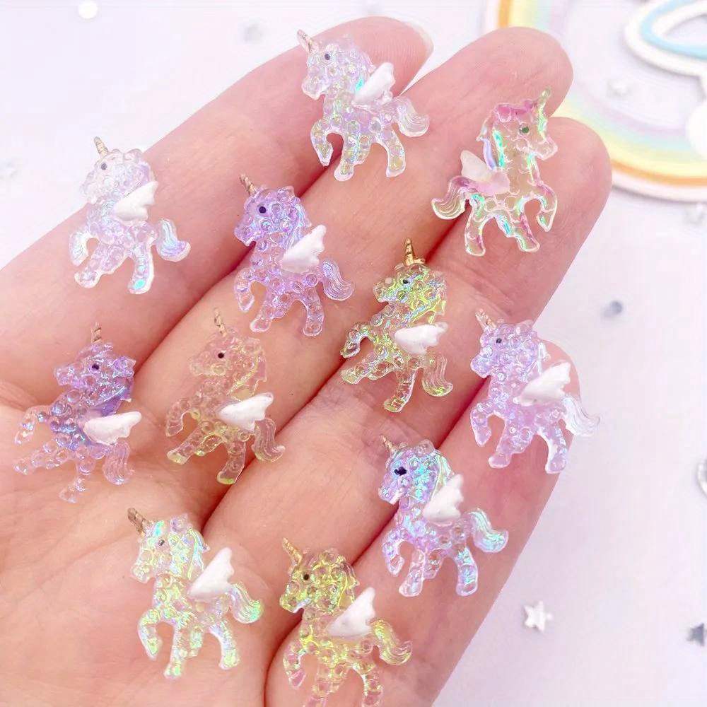2d Flat - 10pcs Hand Painted Mixed Resin Glitter Mini Colorful Unicorn Flatback Beads Rhinestone Art Applique Jewelry Making Decor Crafts Additions