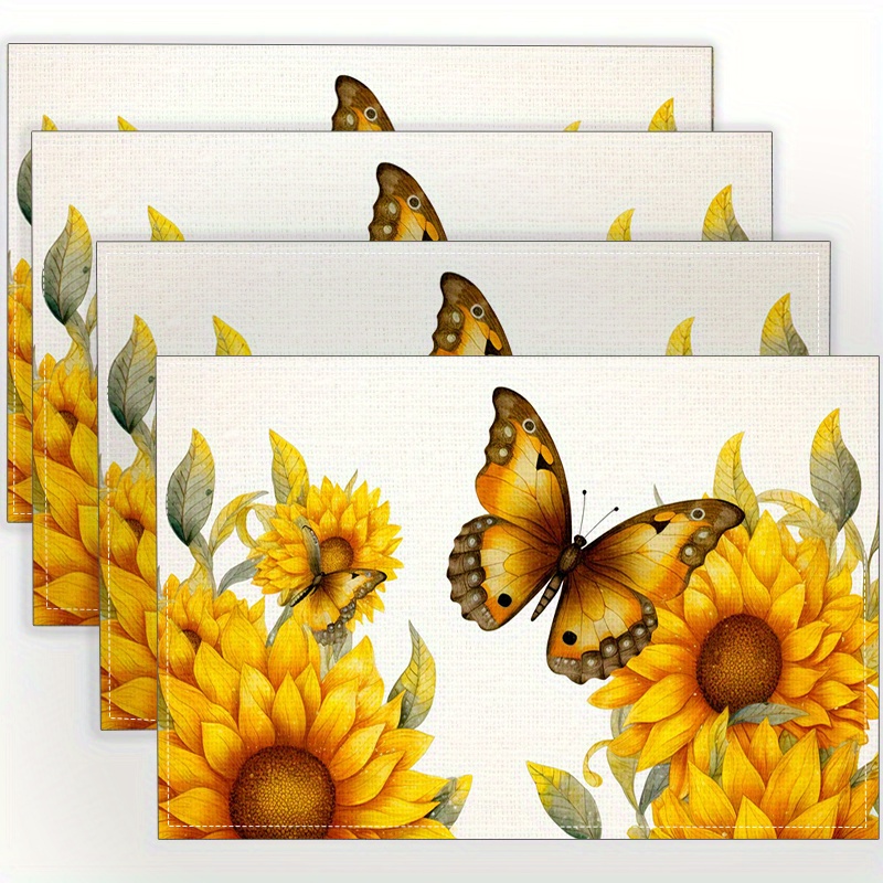 

Set Of 4 Sunflower And Butterfly Print Linen Place Mats - 100% Woven Linen Table Mats For Dining, Kitchen, And Home Décor - Machine Washable, Slip-resistant & Heat-resistant Rectangle Placemats