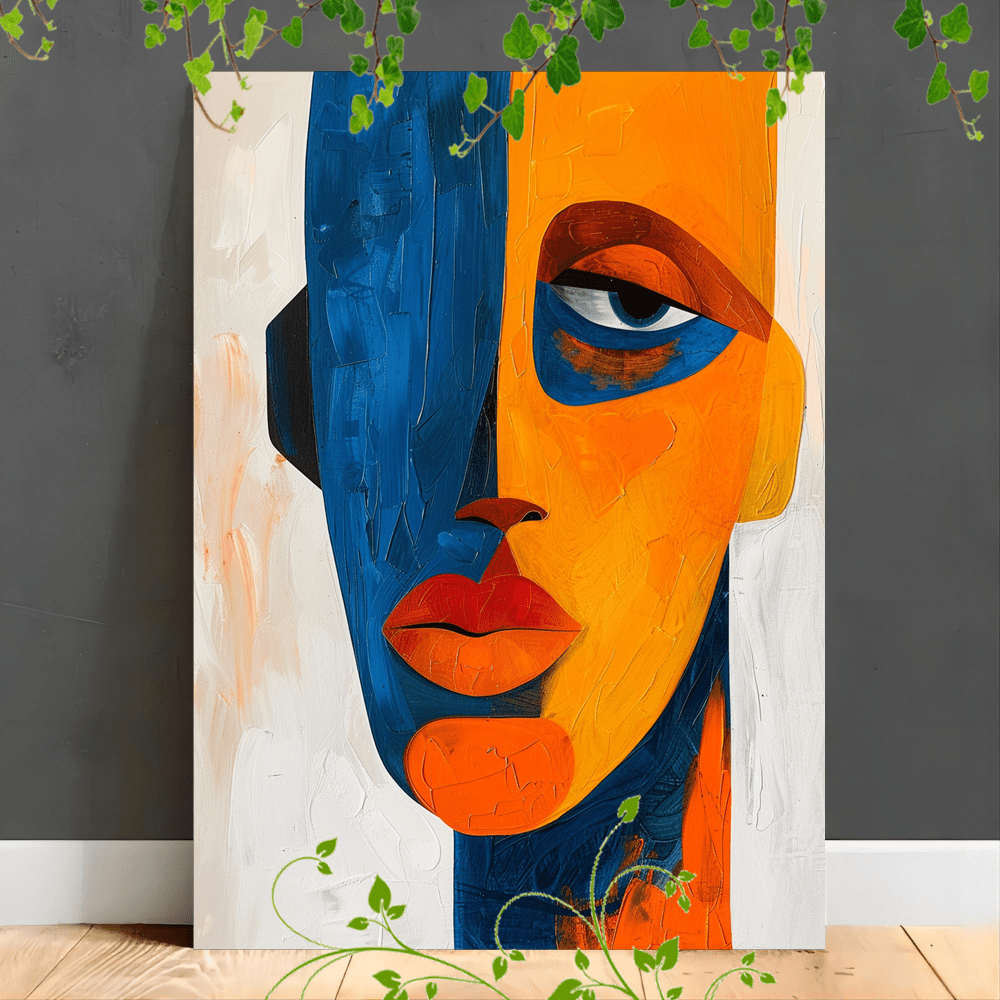 

1pc Wooden Framed Canvas Painting, Artwork Very Suitable For Office Corridor Home Living Room Decoration Abstract Face, Geometric Shapes, Bold Colors, Orange And Blue, Modern Art, Expressive Lines (1)