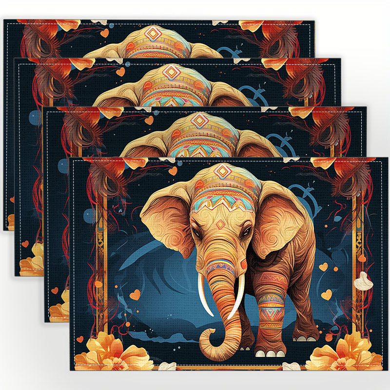 

4pcs Set Elephant Print Linen Placemats - Non-slip, Heat-resistant, Machine Washable - Perfect For Dining & Coffee Tables, Home Decor