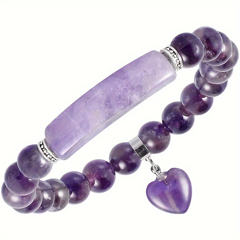 

Purple Stone Bracelet 8mm Beads Heart Charm Bracelet Handmade Jewelry For Women