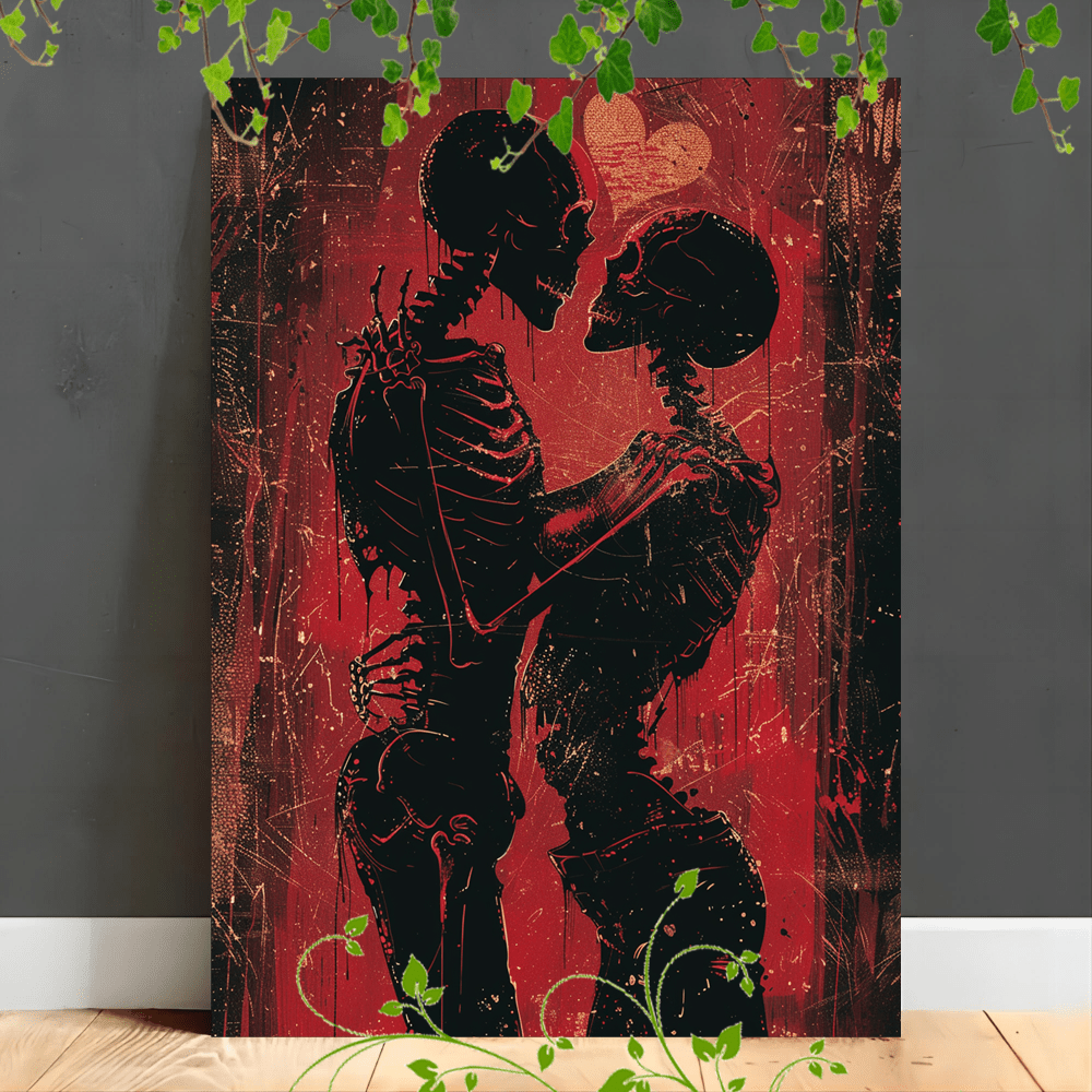 

1pc Wooden Framed Canvas Painting Skeletons Embracing, Red Glowing Hearts, Art, Passionate Kiss, Monochromatic Tones, Intense Emotion, Macabre Theme.(1)