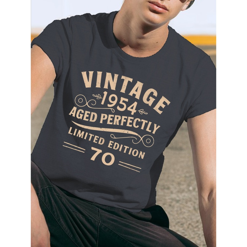 

Vintage 1954 Limited Edition 70 Print Men's Summer Casual Short Sleeve T-shirt, Round Neck, Comfy And Simple Fit, Versatile Outdoor Top For Daily Wear