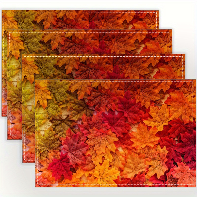 

Autumn Leaf Print Linen Placemats - Woven 100% Linen Table Mats Set Of 4, Heat-resistant, Washable Rectangular Dining Table Pads For Kitchen And Party Decor, Hand Wash Only